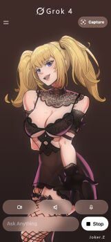 1girl :d absurdres ani_(xai) arm_behind_back artist_name asymmetrical_legwear bare_shoulders black_bra black_gloves black_thighhighs blonde_hair bra breasts choker cleavage eyelashes fishnet_thighhighs fishnets gloves highres joker.z lace-trimmed_choker lace_trim large_breasts lingerie looking_at_viewer open_mouth purple_eyes smile solo thighhighs twintails underwear user_interface xai_(company)