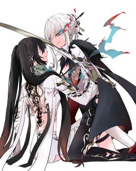 2girls alpha:_crimson_weave_(pgr) alpha:_crimson_weave_(tsubaki)_(pgr) alpha_(pgr) asymmetrical_clothes black_hair clothing_cutout flaming_eye fur_collar hand_on_another&#039;s_neck highres holding holding_sword holding_weapon leggings long_hair looking_at_another lpha:_crimson_weave_(tsubaki)_(pgr) lucia:_pyroath_(pgr) lucia_(pgr) mechanical_spine multicolored_hair multiple_girls punishing:_gray_raven sidelocks single_pantsleg smirk sword thigh_cutout twintails violessastvira weapon white_hair