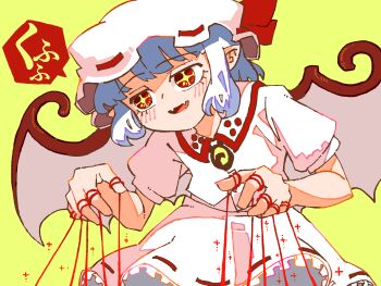 1girl absurdres bat_wings blue_hair blush brooch collared_shirt cross_in_eye fangs frilled_skirt frills hat hat_ribbon highres jewelry mob_cap nihimaru pointy_ears puppet_strings red_eyes red_ribbon red_trim remilia_scarlet ribbon ribbon-trimmed_hat ribbon-trimmed_skirt ribbon_trim shirt short_sleeves skirt string string_of_fate touhou white_shirt white_skirt wings yellow_background