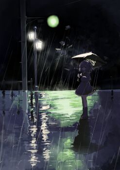 1girl backlighting blue_archive boots bow bowtie closed_mouth commentary cross dark dress hair_ribbon halo highres holding holding_umbrella lamppost long_sleeves looking_at_viewer night no_headwear one_side_up outdoors pink_eyes pink_hair puffy_long_sleeves puffy_sleeves rain ribbon serina_(blue_archive) shiu_kyu solo standing umbrella under_umbrella white_dress wide_shot yellow_halo