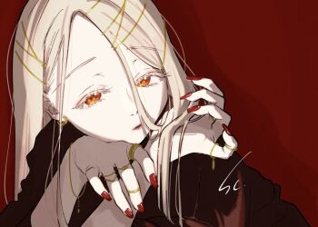 1girl blonde_hair earrings gakuen_idolmaster idolmaster jewelry long_hair looking_at_viewer orange_eyes pale_skin red_background red_nails ring saltyacurry shinosawa_hiro solo tagme