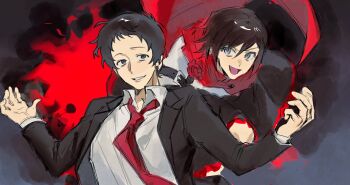 1boy 1girl adachi_tooru black_cape black_jacket blazblue blazblue:_cross_tag_battle blue_eyes cape chengmingraven collared_shirt commentary crossover dated_commentary grey_eyes highres jacket long_sleeves male_focus necktie open_mouth outstretched_arms parted_lips persona persona_4 red_necktie ruby_rose rwby shirt short_hair white_shirt