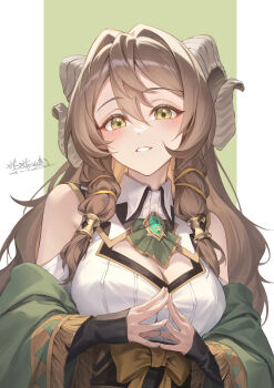 1girl absurdres artist_name ascot bantish black_gloves blush border bow breasts brown_hair cleavage cleavage_cutout clothing_cutout collared_dress commentary curled_horns dated dress fingerless_gloves gem gloves green_ascot green_background green_eyes green_gem green_robe hair_between_eyes highres horns large_breasts long_hair looking_at_viewer low-tied_sidelocks off_shoulder open_clothes open_robe original parted_lips pillarboxed robe shoulder_cutout sidelocks smile solo steepled_fingers very_long_hair white_border white_dress yellow_bow