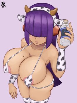 1girl absurdres android animal_ears animal_print areola_slip artist_request bikini bottle breasts cleavage closed_mouth cow_ears cow_print fake_animal_ears female_focus from_above hair_over_eyes highres hime_cut holding holding_bottle huge_breasts layer_(mega_man) lips long_hair mega_man_(series) mega_man_x_(series) mole mole_on_breast mole_under_eye purple_hair smile solo standing swimsuit thighhighs very_long_hair
