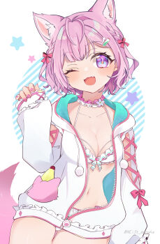 Rule 34 | 1girl, animal ear fluff, animal ears, antenna hair, bare shoulders, bikini, blush, bow, braid, breasts, choker, cleavage, collarbone, commentary request, extra ears, frilled bikini, frilled choker, frills, hair bow, hair ornament, hakui koyori, hakui koyori (summer), highres, hololive, hood, hooded jacket, hoodie, indoors, jacket, jacket partially removed, long sleeves, looking at viewer, medium breasts, multiple hair bows, naka, navel, one eye closed, open clothes, open jacket, open mouth, pink eyes, pink hair, pink tail, purple eyes, short hair, side braid, sitting, sleeves past wrists, solo, stomach, swimsuit, tail, tears, twin braids, upper body, virtual youtuber, white bikini, white jacket, wolf ears, wolf girl, wolf tail