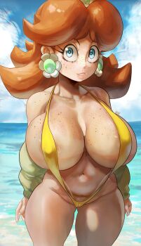1girl absurdres areola_slip ass_freckles bikini blue_eyes body_freckles breasts brown_hair crown ear_piercing earrings female_focus flower_earrings freckles freckles_on_breasts shoulder_freckles highres huge_breasts jewelry looking_at_viewer mario_(series) nintendo noblood_(ryandomonica) piercing princess_daisy sideboob slingshot_swimsuit smile solo super_mario_land swimsuit tan tanline yellow_bikini