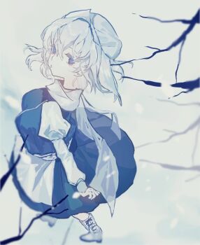 1girl apron bare_tree blue_eyes blue_skirt blue_vest boots closed_mouth commentary_request expressionless full_body grey_hair hat juliet_sleeves letty_whiterock long_sleeves looking_at_viewer looking_back mob_cap puffy_sleeves shinjitsu_no_kuchi shirt short_hair skirt skirt_set solo touhou tree vest waist_apron white_apron white_boots white_hat white_shirt