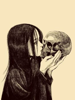 1girl black_hair black_outline black_robe brown_background cropped_torso from_side highres holding holding_skull kiss looking_at_viewer monochrome original outline robe skull solo tp_p_pt