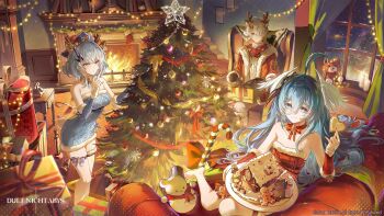 1boy 2girls :| absurdres ahoge antique_phone antlers aqua_dress aqua_eyes aqua_hair aqua_sleeves bare_shoulders bell black_gloves blue_eyes blue_hair blue_hairband blue_horns bow box breasts bucket candle candy candy_cane chair choker christmas christmas_lights christmas_ornaments christmas_stocking christmas_tree closed_mouth collarbone company_name cookie copyright_notice detached_sleeves dress duet_night_abyss fake_antlers fina_(duet_night_abyss) fire fireplace flat_chest food fur_trim gift gift_box gingerbread_house gingerbread_man gloves hair_between_eyes hairband head_wings highres holding holding_cookie holding_food horns indoors jacket long_hair_between_eyes long_sleeves looking_at_viewer medium_breasts multiple_girls neck_bell night official_alternate_costume official_art on_chair phone phoxhunter_(duet_night_abyss) red_bow red_dress red_jacket red_nails red_sleeves reindeer_antlers rhythm_(duet_night_abyss) rotary_phone single_horn sitting smile snowflake_ornament snowman standing star_(symbol) starry_hopes_(duet_night_abyss) strapless strapless_dress stuffed_animal stuffed_toy sweater teddy_bear the_boy_in_the_dream_(duet_night_abyss) thigh_strap watermark white_sweater white_trim white_wings wings