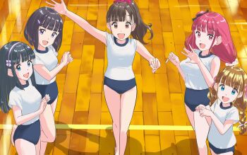 5girls black_buruma black_hair blue_eyes blunt_bangs braid brown_eyes buruma cowboy_shot dothiko feet_out_of_frame gym_shirt gym_uniform highres long_hair low_twintails multiple_girls original pink_hair purple_eyes red_eyes red_hair shirt short_hair t-shirt twin_braids twintails waving white_shirt wooden_floor