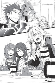 3boys 3girls :d armor artist_name beard blush braid breasts cheese cheese_wheel cleavage dwarf_shaman_(goblin_slayer!) eating elf facial_hair food furry furry_male gloves goblin_slayer! greyscale grin guild_girl_(goblin_slayer!) hair_between_eyes hair_over_shoulder hair_ribbon high_elf_archer_(goblin_slayer!) highres holding kannatsuki_noboru large_breasts lizard_priest_(goblin_slayer!) looking_at_viewer medium_breasts monochrome multiple_boys multiple_girls mustache no_headwear novel_illustration official_art open_mouth pauldrons pointy_ears ponytail ribbon shoulder_armor small_breasts smile spearman_(goblin_slayer!) spiked_hair split_screen sweatdrop swept_bangs table witch_(goblin_slayer!)