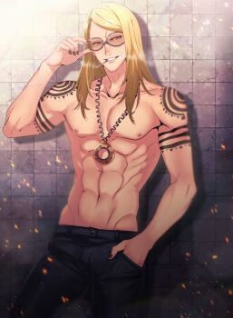 Rule 34 | 1boy, abs, absurdres, adjusting eyewear, arm tattoo, black nails, blonde hair, blue eyes, cigarette, commentary request, cowboy shot, fate/grand order, fate (series), hand in pocket, highres, jewelry, long hair, looking at viewer, male focus, mouth hold, navel, necklace, nipples, open mouth, pants, shoulder tattoo, smile, solo, sunglasses, tattoo, tezcatlipoca (fate), tgktgkfgo, toned, toned male, topless male