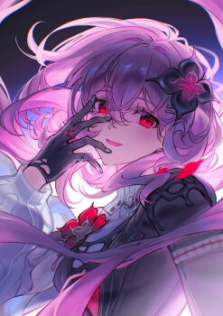 1girl black_flower black_gloves breasts chocopie_97 evernight_(honkai:_star_rail) floating_hair flower gloves hair_between_eyes hair_flower hair_ornament hairclip hand_on_own_face hand_up highres honkai:_star_rail honkai_(series) long_hair march_7th_(honkai:_star_rail) medium_breasts official_alternate_eye_color open_mouth parallel_hairclips pink_hair red_eyes simple_background smile solo upper_body very_long_hair