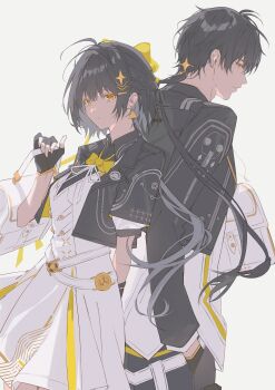 1boy 1girl absurdres bag black_gloves black_hair black_jacket bow bowtie breasts closed_mouth commentary_request dress dual_persona earrings female_rover_(perpetual_spark)_(wuthering_waves) female_rover_(wuthering_waves) fingerless_gloves gloves grey_background hair_ornament hand_in_pocket highres hikaku_(siyrgr) holding holding_bag jacket jewelry long_hair looking_at_viewer male_rover_(perpetual_spark)_(wuthering_waves) male_rover_(wuthering_waves) medium_breasts rover_(wuthering_waves) school_bag school_uniform shirt simple_background triangle_earrings white_bag white_dress white_shirt wuthering_waves yellow_bow yellow_bowtie yellow_eyes