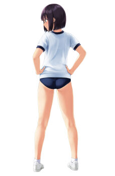 1girl ass blue_buruma brown_hair buruma commentary_request from_behind full_body gym_shirt gym_uniform hands_on_own_hips highres kamikawa_mayuko_(nonaka_ritsu) looking_to_the_side nonaka_ritsu original profile shirt shoes short_sleeves simple_background socks solo white_background white_shirt white_shoes white_socks