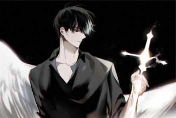 1boy black_eyes black_hair black_shirt collared_shirt feathered_wings glowing hand_up hinizana holding holding_sword holding_weapon kim_dokja looking_at_object male_focus omniscient_reader&#039;s_viewpoint shirt short_hair smile solo sword upper_body weapon white_wings wings