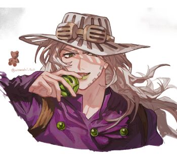 1boy ball beard commentary_request cowboy_hat facial_hair goggles goggles_on_headwear gold_teeth green_eyes green_lips grey_hair grey_hat gyro_zeppeli hat high_collar holding holding_ball jojo_no_kimyou_na_bouken long_hair long_sleeves looking_at_viewer makeup male_focus open_mouth purple_shirt shirt simple_background smile solo steel_ball_(jojo) steel_ball_run stuffed_animal stuffed_toy teddy_bear twitter_username uzuki_uzu white_background