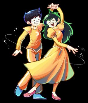 1boy 1girl arm_up black_background black_hair blue_footwear brother_and_sister closed_eyes dress flats full_body highres homestuck jade_harley john_egbert juliet_sleeves kl_oekaki layered_sleeves long_sleeves open_mouth pants pink_shoes puffy_sleeves shirt shoes short_over_long_sleeves short_sleeves siblings simple_background smile yellow_dress yellow_pants