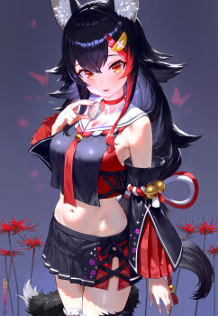 1girl :d animal_ear_fluff animal_ears bell black_hair black_serafuku black_shirt black_skirt black_sleeves choker commentary cowboy_shot cropped_shirt cross-laced_slit detached_sleeves double-parted_bangs english_commentary flipped_hair floral_print flower gem grey_background hair_between_eyes hair_ornament hairclip hand_up highres holding holding_gem hololive jingle_bell kouhaku_nawa long_hair looking_at_viewer low-tied_long_hair maro2ki3 midriff miniskirt multicolored_hair navel necktie ookami_mio ookami_mio_(1st_costume) open_mouth pleated_skirt pleated_sleeves red_choker red_flower red_hair red_necktie rope sailor_collar school_uniform serafuku shimenawa shirt side_slit sidelocks simple_background skirt sleeveless sleeveless_shirt smile solo spider_lily spiked_hair streaked_hair tail tail_around_own_leg very_long_hair virtual_youtuber white_sailor_collar wolf_ears wolf_girl wolf_tail yellow_eyes