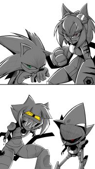 2boys 2girls absurdres android animal_ears bleeding blood cat_ears cat_girl cat_tail crossover evil_grin evil_smile furry furry_female gameoverse grin highres injury kit_bodega look-alike malice_(gameoverse) metal_sonic multiple_boys multiple_girls robot sharp_teeth short_hair smile sonic_(series) sonic_the_hedgehog tail teamwork teeth trait_connection