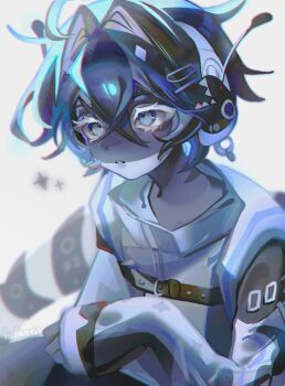 1boy absurdres antennae belt black_belt blue_eyes blue_hair blue_skin cloud_(lufaeris) colored_eyelashes colored_skin commentary crossed_bangs english_commentary furry furry_male hair_between_eyes hair_intakes highres looking_ahead male_focus original parted_lips short_hair solo straitjacket tail upper_body white_background white_eyelashes