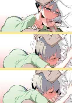 1boy 1girl afterimage blue_eyes blush censored closed_eyes clothes_grab commentary_request deepthroat fellatio gradient_background green_shirt grey_hair hair_between_eyes hetero hitotose_rin hug_and_suck mosaic_censoring motion_lines oral penis sakurai_shin&#039;ichi shirt shirt_grab short_hair simple_background sweat uzaki-chan_wa_asobitai! uzaki_hana white_shirt