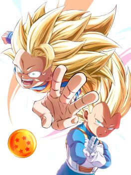 2boys armor blonde_hair blue_bodysuit blue_shirt bodysuit chibi clenched_hand closed_mouth commentary_request crossed_arms dougi dragon_ball dragon_ball_(object) dragon_ball_daima green_eyes highres long_hair male_focus multiple_boys no10hei30 no_eyebrows open_mouth orange_tunic saiyan_armor shirt simple_background son_goku spiked_hair super_saiyan super_saiyan_3 tunic vegeta white_armor white_background
