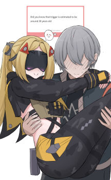 1boy 1girl absurdres arms_around_neck blindfold_mask blonde_hair blush carrying fingerless_gloves gloves grey_hair hair_ornament hairpin highres hug jacket long_hair marshmallow_(site) mask midriff military_uniform multiple_hairpins namikare navel no_eyes ponytail princess_carry smile smile_emoji sweatdrop text_background trigger_(zenless_zone_zero) white_background wise_(zenless_zone_zero) zenless_zone_zero