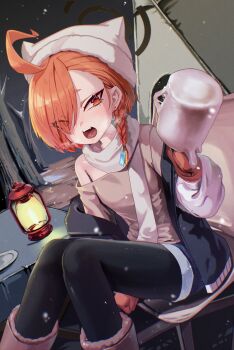 1girl absurdres ahoge animal_ear_headwear animal_ears beanie black_pantyhose blue_archive blue_shorts boots braid brown_shirt camping eyes_visible_through_hair fake_animal_ears food hair_ornament hair_over_one_eye hair_tie halo hat highres holding holding_food jacket kraken_mikan lantern mittens mole mole_under_eye neru_(blue_archive) night off-shoulder_jacket off_shoulder offering_food open_clothes open_jacket open_mouth orange_hair outdoors pantyhose pantyhose_under_shorts pink_boots red_eyes red_mittens roasted_marshmallow scarf shirt short_hair short_shorts shorts side_braid sitting sky solo tent white_scarf