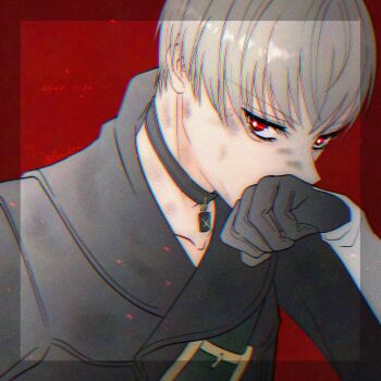 Rule 34 | 1boy, 9s (nier:automata), black choker, black gloves, black jacket, bruise, bruise on face, choker, collarbone, commentary, covering own mouth, dated, dirty, dirty face, gloves, grey hair, highres, injury, jacket, looking at viewer, lux spei, male focus, nier:automata, nier (series), red background, red eyes, short hair, solo, upper body