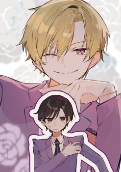 Rule 34 | 1boy, 1girl, :/, androgynous, bishounen, black hair, blazer, blonde hair, brown eyes, collared shirt, commentary request, doujinshi cover trope (trend), floral background, fujioka haruhi, highres, jacket, jitome, lapels, necktie, one eye closed, ouran high school host club, ouran high school uniform, outline, parted bangs, pixie cut, purple eyes, purple jacket, purple necktie, reverse trap, school uniform, shirt, short hair, small sweatdrop, smile, suou tamaki, u-sama (u summer0719), upper body, white outline, white shirt