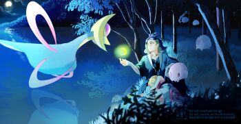 absurdres adaman_(pokemon) bandaged_arm bandages bare_shoulders blonde_hair blue_hair blue_jacket bracelet closed_eyes collarbone commentary_request cresselia darkrai floating full_moon gen_4_pokemon gen_5_pokemon glowing gomabu_(rirurutennsi) grass green_hair highres irida_(pokemon) jacket jewelry legendary_pokemon lunar_feather lying medium_hair moon multicolored_hair munna musharna mythical_pokemon night night_sky nintendo on_side open_clothes open_jacket open_mouth outdoors pokemon pokemon_(creature) pokemon_legends:_arceus reflection reflective_liquid shorts sky sleeping star_(sky) starry_sky tree two-tone_hair white_shorts yellow_eyes