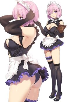 1girl adjusting_clothes adjusting_headwear alternate_costume apron armpits ass asymmetrical_legwear black_panties black_socks blush breasts cleavage elbow_gloves enmaided eyes_visible_through_hair fate/grand_order fate_(series) frilled_thigh_strap gloves hair_over_one_eye high_heels highres kneehighs large_breasts light_purple_hair maid mash_kyrielight menu multiple_views open_mouth panties short_hair smile socks thigh_strap thighhighs underwear uneven_legwear waist_apron white_background yd_(orange_maru)