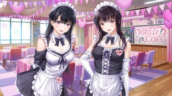 2girls alternate_costume apron arms_behind_back artist_request bare_shoulders black_bow black_bowtie black_dress black_eyes black_hair black_sleeves bow bowtie breasts bunting chair commentary_request detached_collar detached_sleeves dress elbow_gloves enmaided gloves hand_on_own_hip highres indoors konomi_yui looking_at_viewer maid maid_apron maid_cafe maid_day maid_headdress medium_breasts momojiri_serika multiple_girls open_mouth pink_eyes seifuku_kanojo smile table waist_apron white_gloves