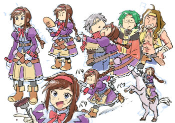 3boys ahoge baguette belt black_pantyhose blue_eyes boots bow bowtie braid bread brown_belt brown_boots brown_hair clive_winslett closed_eyes dreadlocks dress dual_wielding food food_on_face fork gallows_carradine glasses gloves green_hair grey_hair gun hairband headband holding holding_food holding_fork holding_gun holding_weapon horseback_riding hug jet_enduro juliet_sleeves lips long_hair long_sleeves multiple_boys multiple_girls pantyhose puffy_sleeves purple_dress red_bow red_bowtie red_hairband riding sidelocks smile tsubobot unfinished virginia_maxwell weapon white_background white_horse wild_arms wild_arms_3 yellow_headband