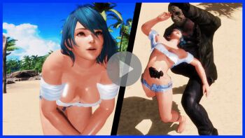 1boy 1girl 3d animated animated_gif bare_shoulders beach black_gloves blood blue_shorts closed_eyes dead_or_alive gloves guro midriff open_mouth outdoors shorts tamaki_(doa)