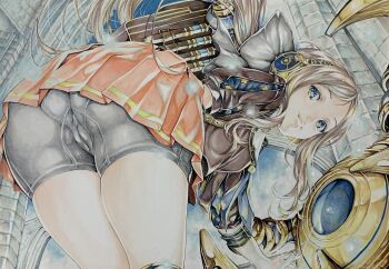 ass blue_eyes boxer_briefs brown_hair brown_shirt cameltoe commentary_request fate/grand_order fate_(series) from_behind from_below headphones highres katsu_(24791909) leonardo_da_vinci_(active_sailor)_(fate) leonardo_da_vinci_(fate) leonardo_da_vinci_(fate/grand_order) leonardo_da_vinci_(rider)_(fate) long_hair looking_at_viewer looking_back male_underwear marker panties panty_peek pantyshot pleated_skirt shirt short_sleeves skirt star_(symbol) traditional_media underwear