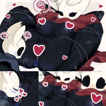 1girl 1other anus arms_up arthropod_girl bdsm black_eyes black_skin blank_eyes blue_cloak blush blush_stickers bondage border bound bound_legs breasts censored censored_nipples cloak cloak_lift closed_eyes colored_skin cunnilingus grey_background half-closed_eyes heart heart_censor hollow_knight hornet_(hollow_knight) knight_(hollow_knight) large_breasts lying mosaic_censoring multiple_views navel needle_(hollow_knight) nervous nose_blush on_back oral outside_border pussy red_cloak sex simple_background skindentation speech_bubble spoken_heart spoken_squiggle spread_legs squiggle steam steaming_body string sweat thick_thighs thighs u_u ura_menu vaginal white_border wide-eyed