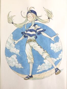 1girl backwards_hat baseball_cap belt belt_buckle blonde_hair blue_hat blue_shirt blue_sky brown_belt buckle closed_eyes closed_mouth cloud commentary_request full_body hat highres long_hair low-tied_long_hair midriff navel original outdoors pants pants_rolled_up peter_salt sandals shirt sky smile solo standing striped_clothes striped_shirt traditional_media white_pants