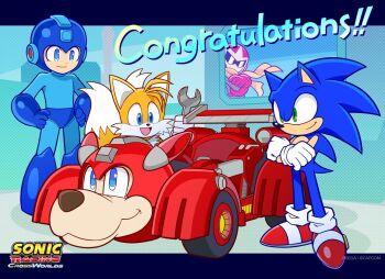 4boys blue_bodysuit blue_fur blue_hair blue_helmet bodysuit full_body green_eyes group_picture hayane_tomoko helmet male_focus mega_man_(character) mega_man_(classic) mega_man_(series) multiple_boys official_art proto_man rush_(mega_man) sonic_(series) sonic_racing:_crossworlds sonic_the_hedgehog tails_(sonic)