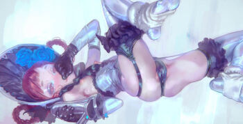 Rule 34 | 1=2, 1girl, ass, blue flower, blue rose, bonnet, braid, braided hair rings, cameltoe, commentary, elbow gloves, english commentary, eyeshadow, flat chest, flower, garter straps, gloves, hair rings, leotard, looking at viewer, makeup, nipples, original, red eyes, red hair, rose, solo, spread legs, stirrup legwear, thighhighs, toeless legwear