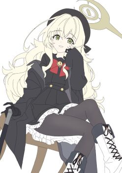 1girl beret black_coat black_gloves black_hat black_pantyhose black_sailor_collar black_serafuku black_shirt black_skirt blonde_hair blue_archive boots bow bowtie cane chair coat coat_partially_removed commentary_request crossed_bangs crossed_legs flat_color fluffy_hair frilled_skirt frills full_body gloves green_eyes hair_between_eyes hair_intakes halo hat highres holding holding_cane kumasaaaan11 lace-up_boots long_hair long_sleeves looking_at_viewer on_chair open_clothes open_coat pantyhose pleated_skirt professor_niyaniya_(blue_archive) red_bow red_bowtie sailor_collar school_uniform serafuku shirt sidelocks simple_background sitting skirt smile solo teeth upper_teeth_only very_long_hair white_background white_boots yellow_halo