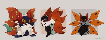 a-nya bug commentary_request compound_eyes full_body gen_5_pokemon highres insect_wings iron_moth nintendo no_humans pokemon pokemon_(creature) pokemon_focus slither_wing standing twitter_username volcarona white_fur wings