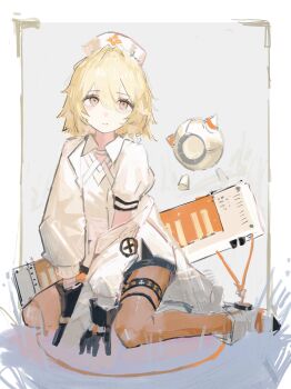 1girl absurdres black_gloves black_skirt blonde_hair closed_mouth drone full_body gloves grey_background hair_between_eyes hashtag-only_commentary hat highres jacket long_sleeves looking_at_viewer nurse_cap nurse_robot_type_t nurse_robot_type_t_(vocaloid6) orange_eyes orange_pantyhose pantyhose puffy_short_sleeves puffy_sleeves shirt short_hair short_sleeves sitting skirt solo thigh_strap utau vocaloid white_shirt yoioisss