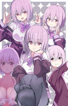 1girl as_buppa bikini black_skirt bow bowtie breasts collared_shirt commentary_request frilled_bikini frills glasses grey_pantyhose gridman_universe hands_up highres jacket large_breasts leaning_forward looking_at_viewer necktie off_shoulder open_mouth pantyhose partially_unzipped purple_background purple_bow purple_hair purple_jacket red_eyes salute shinjou_akane shirt skirt smile ssss.gridman standing swimsuit vulcan_salute white_shirt