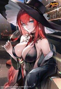 1girl absurdres bar_(place) between_breasts black_coat black_dress blue_eyes bottle breasts brooch cleavage closed_mouth coat commentary couch counter cup detached_collar dress drinking_glass earrings eyelashes gold_earrings highres hiyaori_(hiyahiyaval) holding holding_cup indoors jewelry large_breasts large_hat leaning_on_table leia_(mahjong_soul) lips lipstick long_hair looking_at_viewer mahjong_soul makeup nail_polish necklace necktie necktie_between_breasts night off_shoulder official_alternate_costume official_art red_hair red_nails red_necktie shelf sideboob sleeves_past_wrists solo very_long_hair window wine_glass