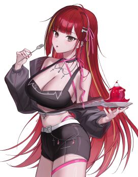 1girl :p akane_lize artist_name bare_shoulders belt belt_buckle black_choker black_jacket black_shorts blonde_hair blunt_bangs blush breasts brown_eyes buckle cherry choker cleavage collarbone cowboy_shot crop_top ear_piercing food fork fruit gelatin hair_ornament hair_ribbon hairclip highres holding holding_fork holding_plate idasu_(hyun9164) jacket large_breasts long_hair long_sleeves looking_at_viewer mole mole_under_eye multicolored_hair nail_polish off_shoulder open_clothes open_jacket partially_unzipped piercing pink_ribbon plate red_hair red_nails ribbon short_shorts shorts simple_background solo stellive streaked_hair thong tongue tongue_out two-tone_hair very_long_hair virtual_youtuber white_background zipper_pull_tab