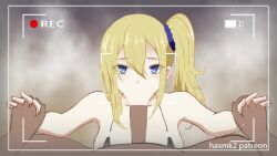 1boy 1girl :>= animated areola_slip artist_name audible_speech battery_indicator bikini blonde_hair blue_eyes blush breasts collarbone dark-skinned_male dark_skin ears elbow_gloves fellatio frilled_gloves frills gloves hair_between_eyes hair_tie hairdressing hasmk2 hayasaka_ai hetero holding_hands interlocked_fingers kaguya-sama_wa_kokurasetai_~tensai-tachi_no_renai_zunousen~ large_breasts large_penis lips live2d looking_at_viewer medium_hair oral patreon_logo patreon_username penis pov pov_crotch recording side_ponytail sound steam swimsuit uncensored video