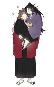 Rule 34 | 2boys, black hair, black hakama, brothers, carrying, carrying person, cat, closed eyes, earrings, fingernails, flower, full body, hakama, hanafuda earrings, haori, high ponytail, japanese clothes, jewelry, kimetsu no yaiba, kimono, long hair, male focus, multiple boys, parted lips, pink flower, ponytail, purple kimono, red haori, sal gun, sandals, siblings, simple background, socks, spiked hair, standing, tsugikuni michikatsu, tsugikuni yoriichi, twins, very long hair, white background, white socks