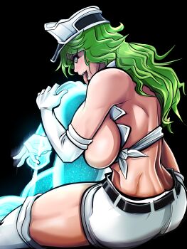 1girl absurdres bare_shoulders belt black_background bleach bleach:_sennen_kessen-hen boots breasts breasts_out candice_catnipp elbow_gloves female_focus gloves green_eyes green_hair hat highres large_breasts long_hair military_hat open_mouth quincy_(bleach) short_shorts shorts simple_background sitting soyuz001 sternritter thigh_boots toned toned_female tongue tongue_out